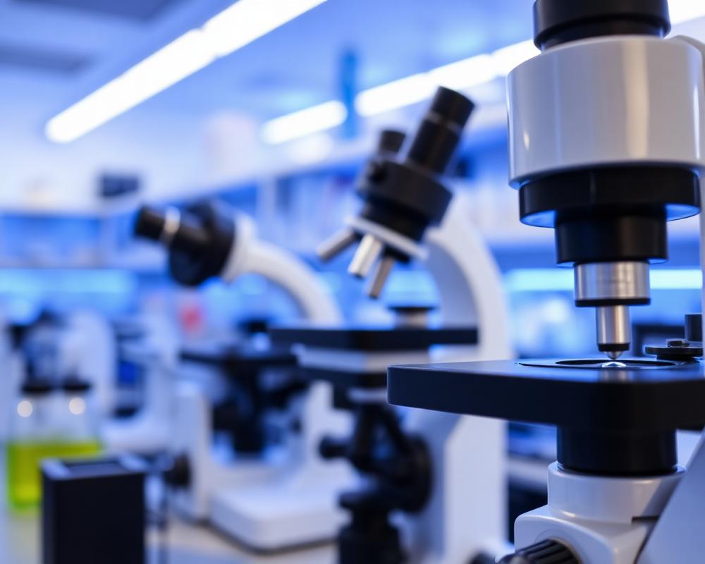 Laboratório de investigação moderno com iluminação azul e equipamento científico